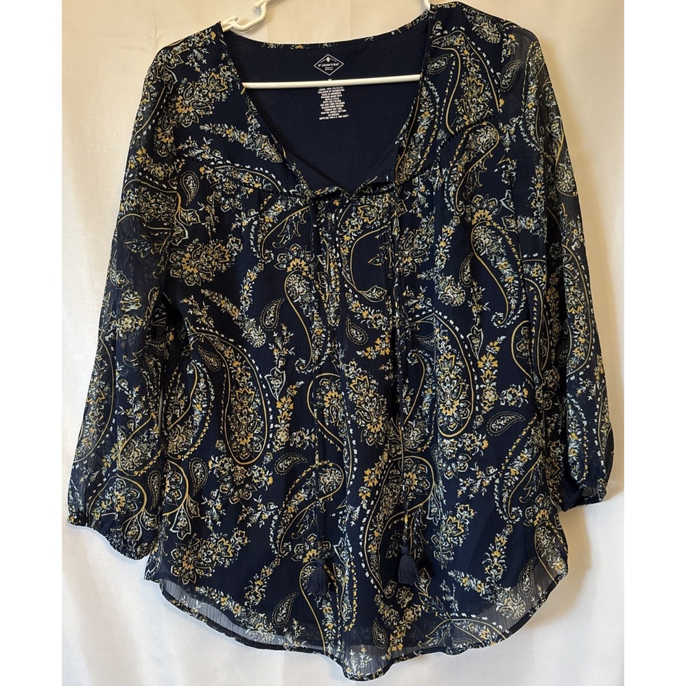 St. John's Bay Navy Paisley Sheer Lined Tie V Neck‎ Blouse Size M Boho Peasant